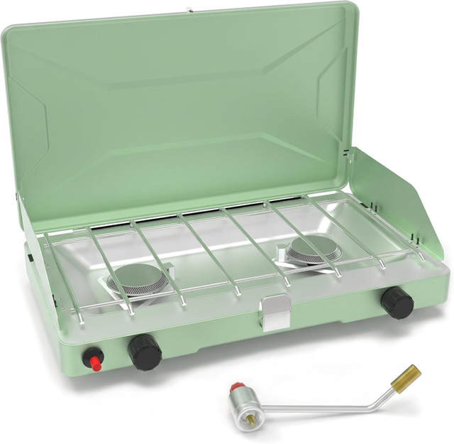 Portable Two-Burner Gas Camping Stove with Windscreen And Piezo Ignition
