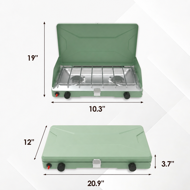 Portable Two-Burner Gas Camping Stove with Windscreen And Piezo Ignition