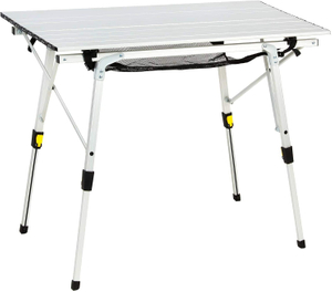 Height-Adjustable Aluminum Roll-Top Camping Table with Mesh Shelf