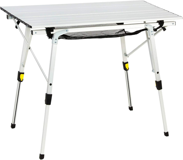 Height-Adjustable Aluminum Roll-Top Camping Table with Mesh Shelf