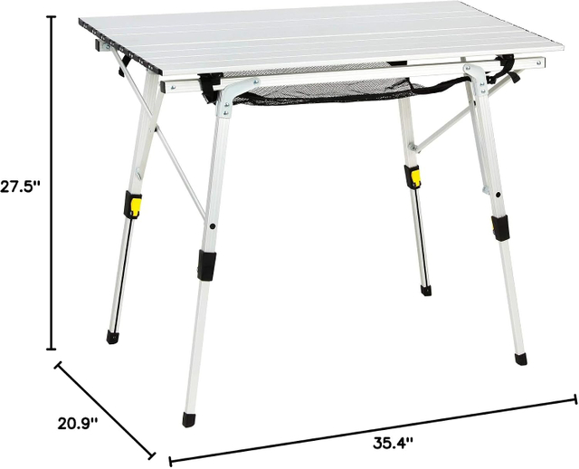 Height-Adjustable Aluminum Roll-Top Camping Table with Mesh Shelf