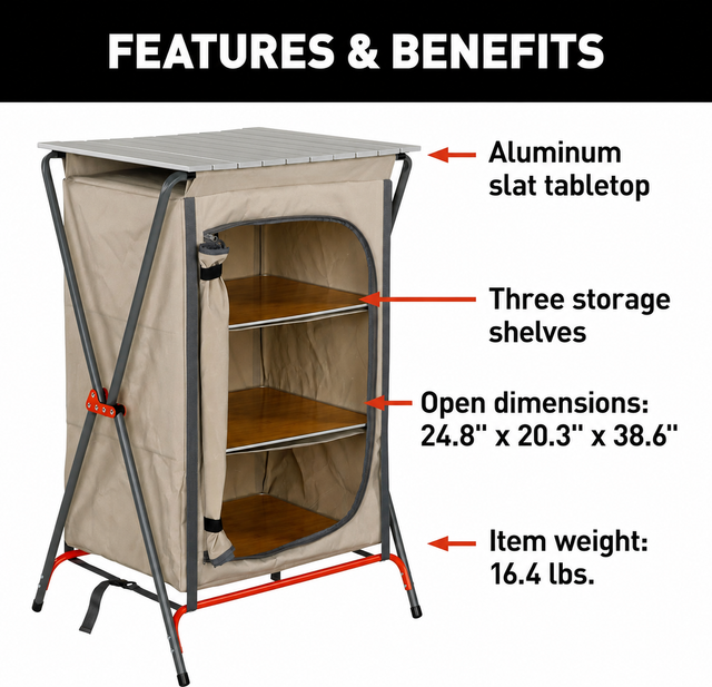 Foldable Camping Pantry Cupboard with Hardtop Work Surface And Adjustable Shelves