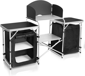 Folding Camping Kitchen Station with Windscreen And Zippered Storage Cabinet