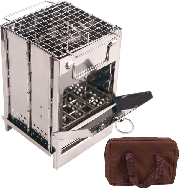 Foldable Stainless Steel Wood-Burning Camp Stove with Grill Grate and Ash Tray