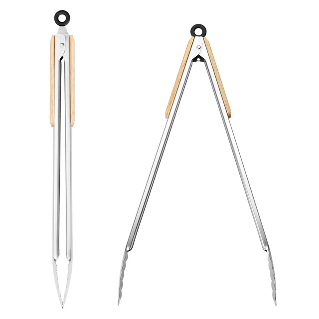 Wood-Handled Grill Tongs, 17"/43cm Extra Long BBQ Tongs, Heavy Duty Premium Stainless Steel Metal Tongs with Solid Wood Handles, for Charcoal, Grilling, BBQ, Barbecue, Cooking